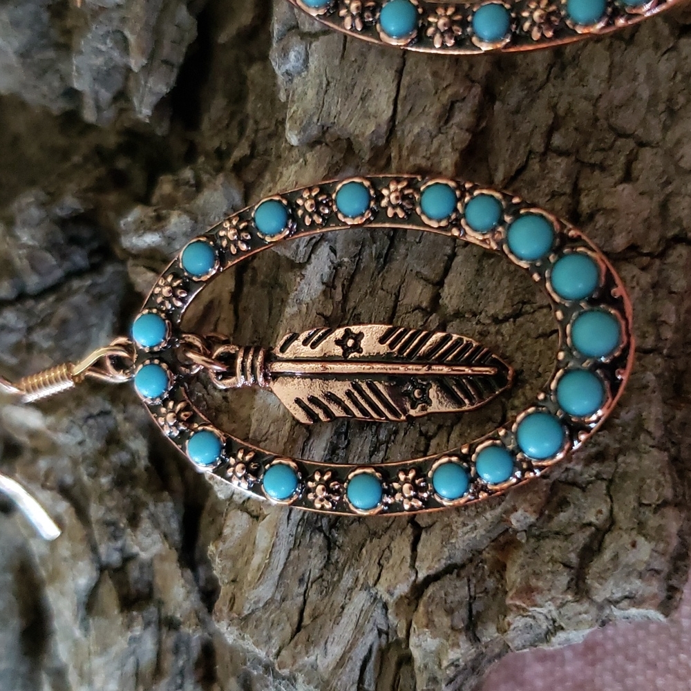 Feather Hoop Earrings. Oval Flower Floral Copper Color Boho Cowgirl Western - Picture 3 of 9